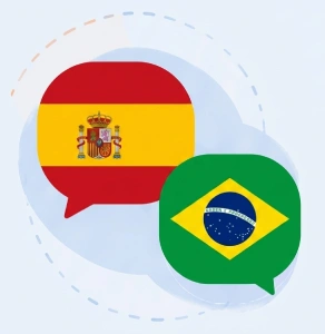 Banderas de España y Brasil en burbujas de chat - Coach de inglés bilingüe en español y portugués
